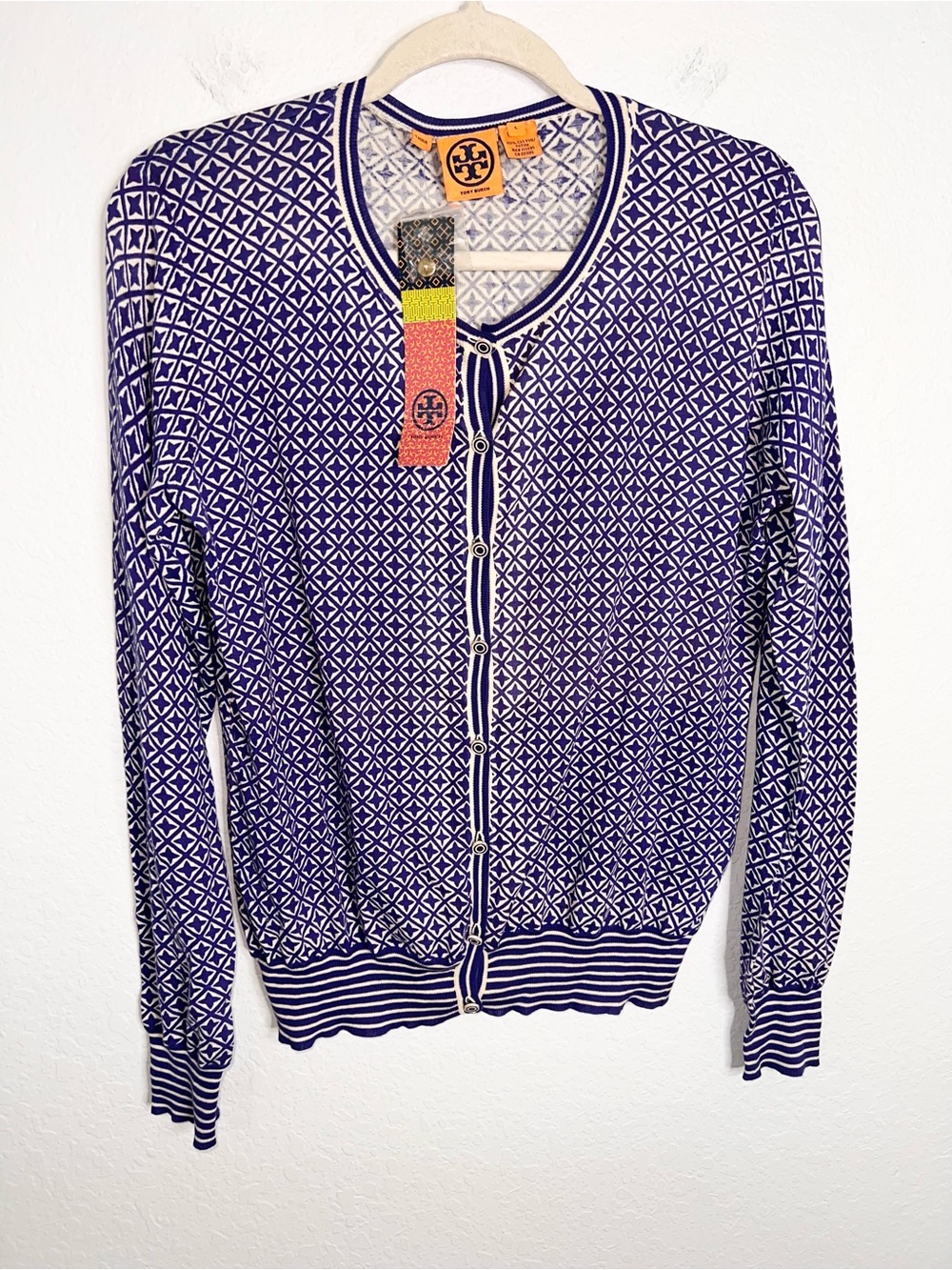 Tory Burch Knit Cardigan Sweater Top Women’s Large Printed Button Up B22
